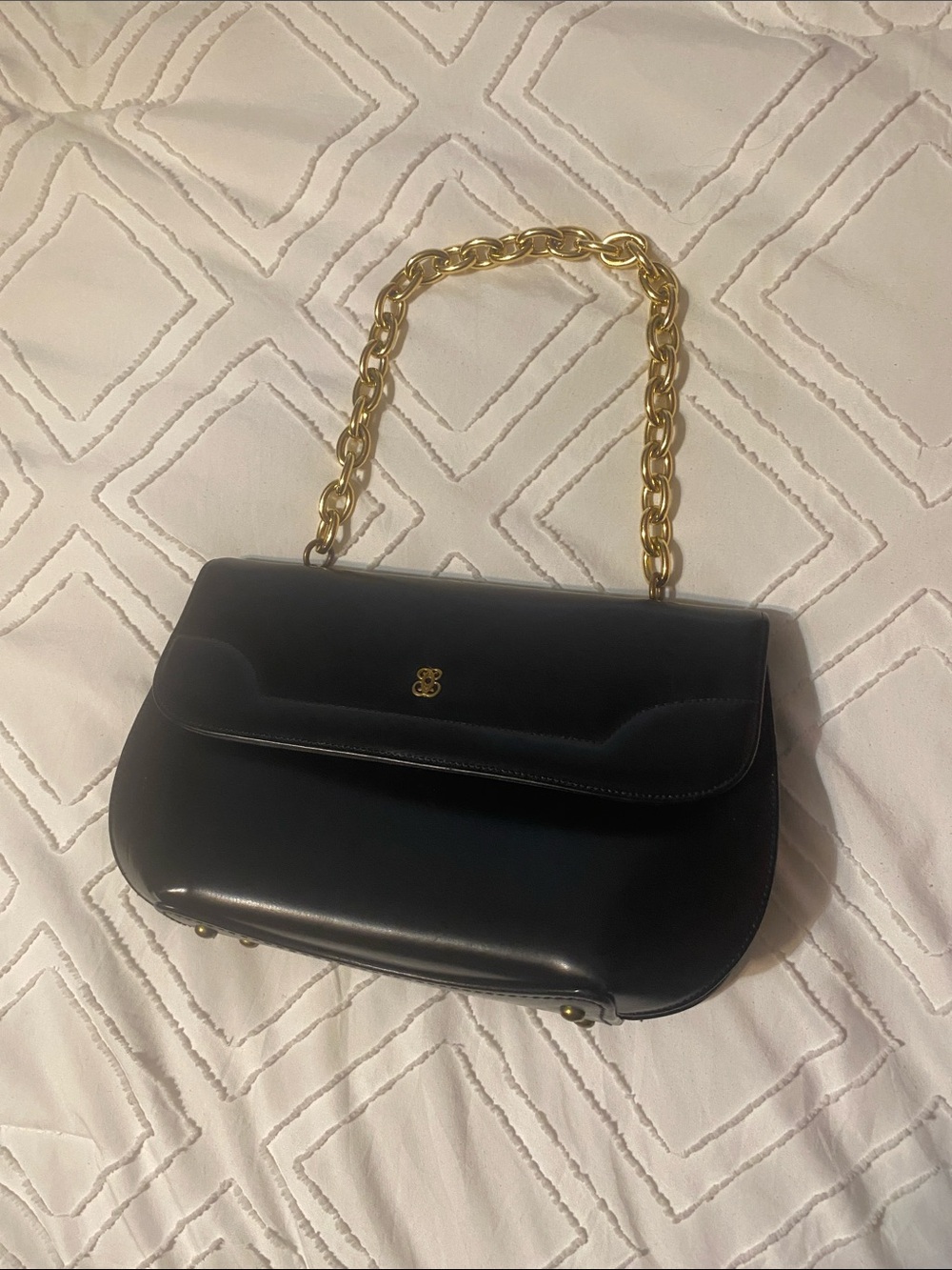 Vintage Bienen Davis Black Leather Shoulder Bag with Gold Chain Handle